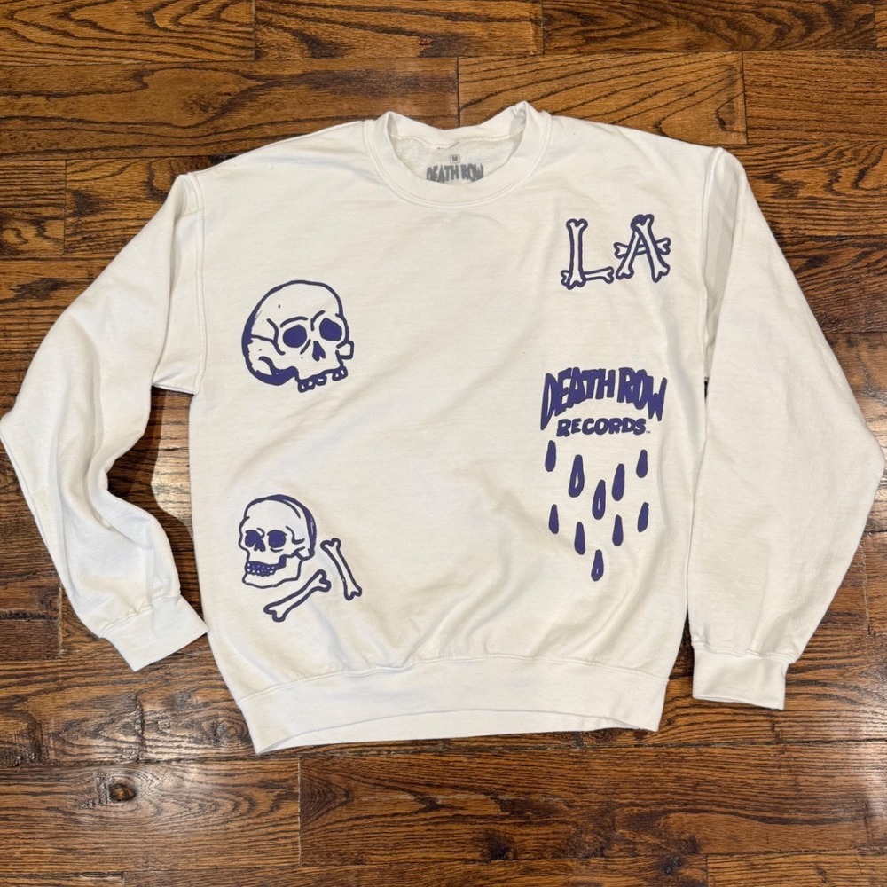 Death Row Records Sweatshirt Mens Medium White Purple Graphic LA Skulls Rap Tee